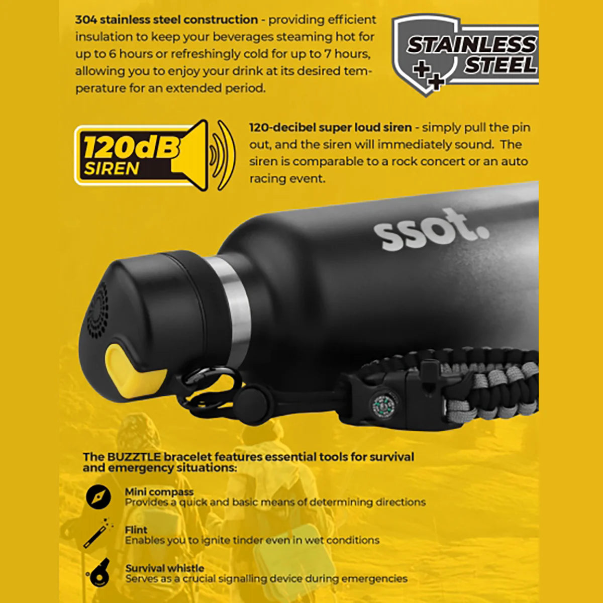 Bouteille d'eau en acier inoxydable avec alarme 120 dB - BUZZTLE750-BSS