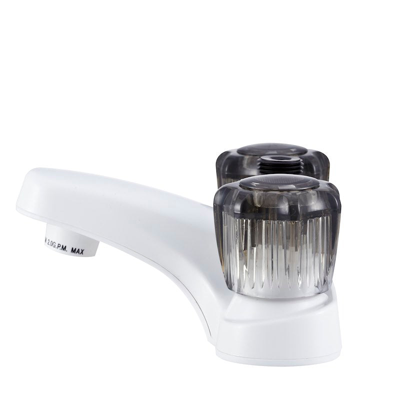 Dura Faucet Robinet de Lavabo 4” avec Déviateur de Douche – 2 Poignées Acrylique Fumé – Blanc Plastique