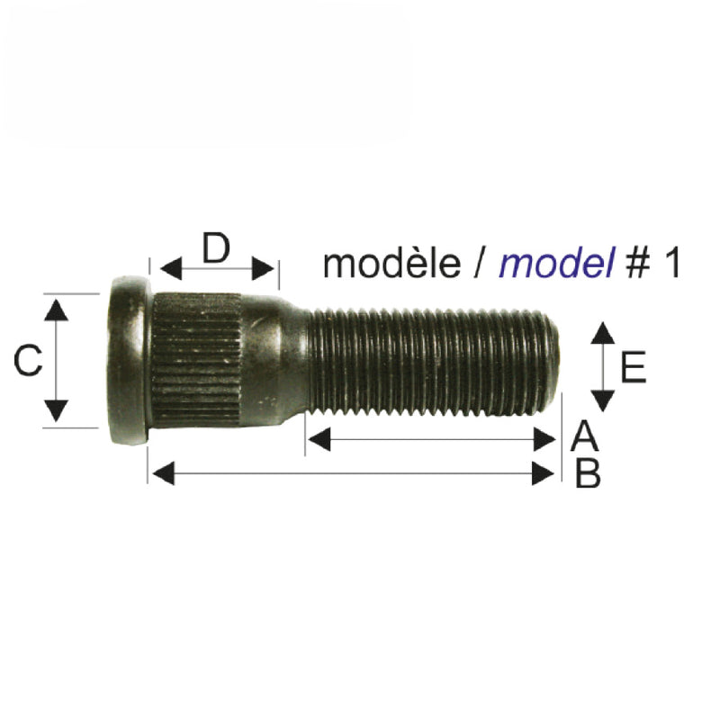 Stud press fit 1/2 spliné 0.538 – Goujon de roue pour moyeu de remorque