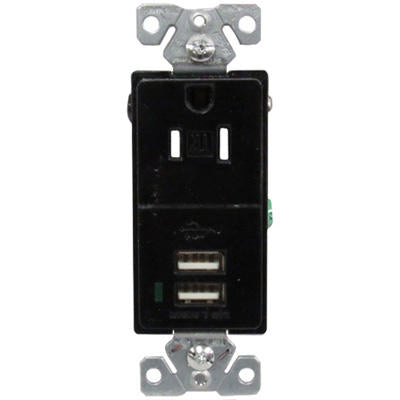 recept - 120v - 15a - single - w/dual usb charge - black