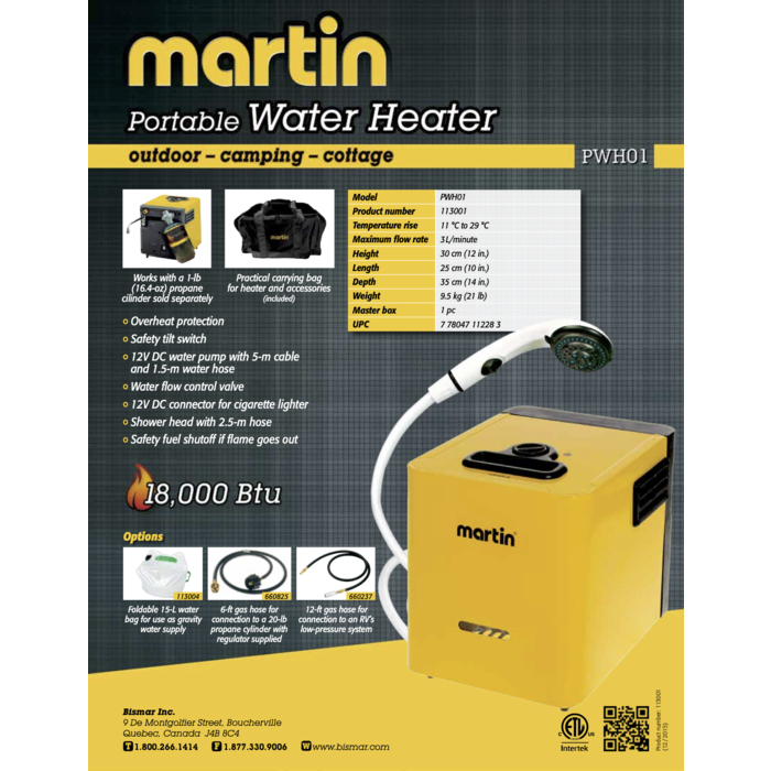 Chauffe-eau portable au propane 18 000 BTU - Martin Modèle PWH01