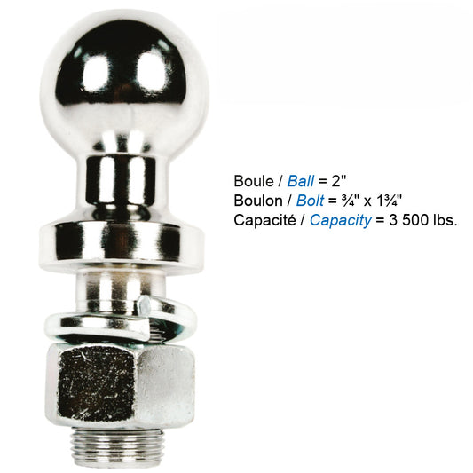 Boule d’attelage 2" filetage interne 3/4" – capacité 3500 lb pour remorque