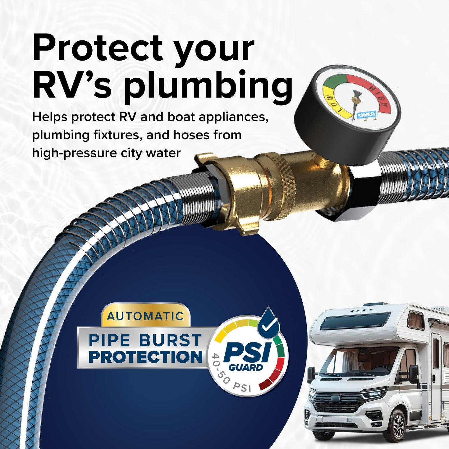 Régulateur de Pression d’Eau en Laiton avec Manomètre Camco - Protège la Plomberie de Votre VR ou Bateau