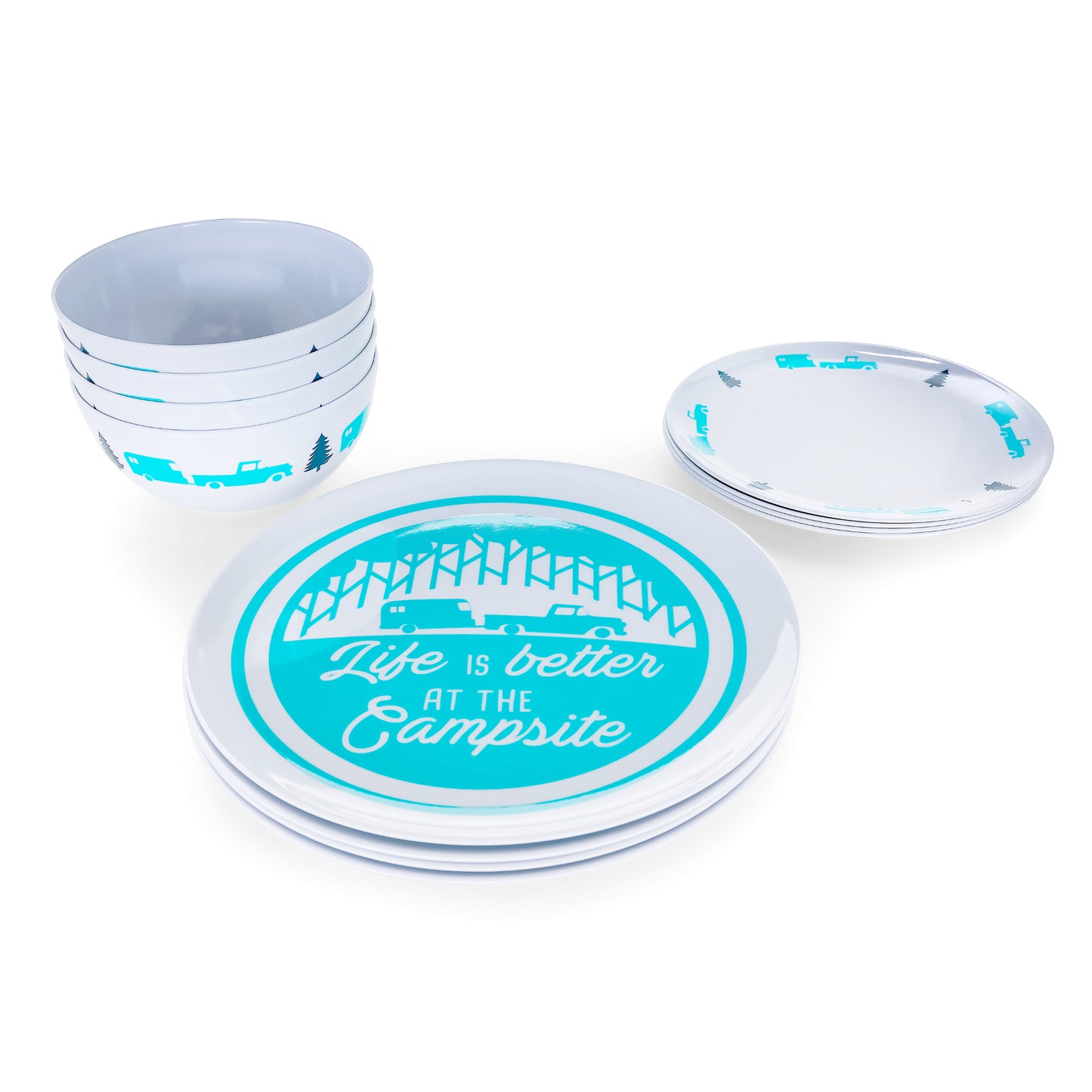 Set de Vaisselle "Life is Better at the Campsite" - 12 Pièces, Mélamine Durable, Parfait pour Camping et VR