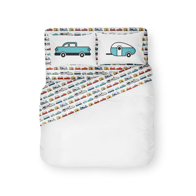 Camco RV Sheet Set 'Life is Better at the Campsite' – Queen Short Size for RV, Polyester, Machine Washable, Multi-Camper Design