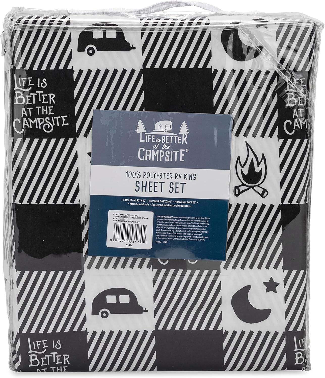 Set de Draps Camco RV "Life is Better at the Campsite" – Draps King Court pour Camping-Car, Polyester, Lavable en Machine, Design Multi-Camping-Cars