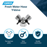 Camco Metal Y Water Hose Tap - 2-Way Hose Splitter, Controlled Valve