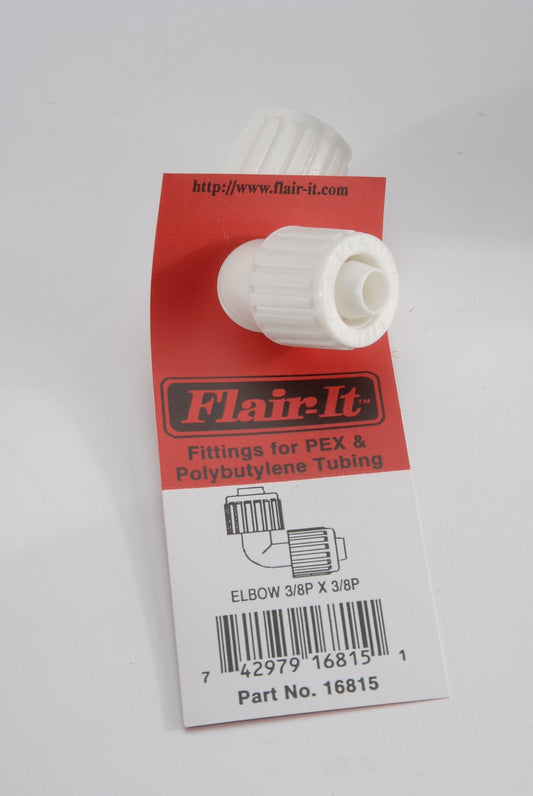 Raccord d'eau potable Flair-It™ 3/8 pouce x 3/8 pouce, coude à 90°, plastique blanc, pour plomberie RV