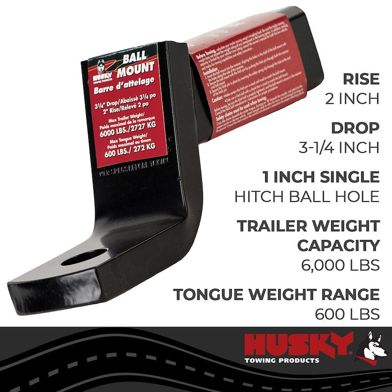 Montée de Boule d'Attelage Husky pour Remorque, Classe III/IV, Récepteur 2 Pouces, 6000 Lbs - Acier Revêtu de Poudre