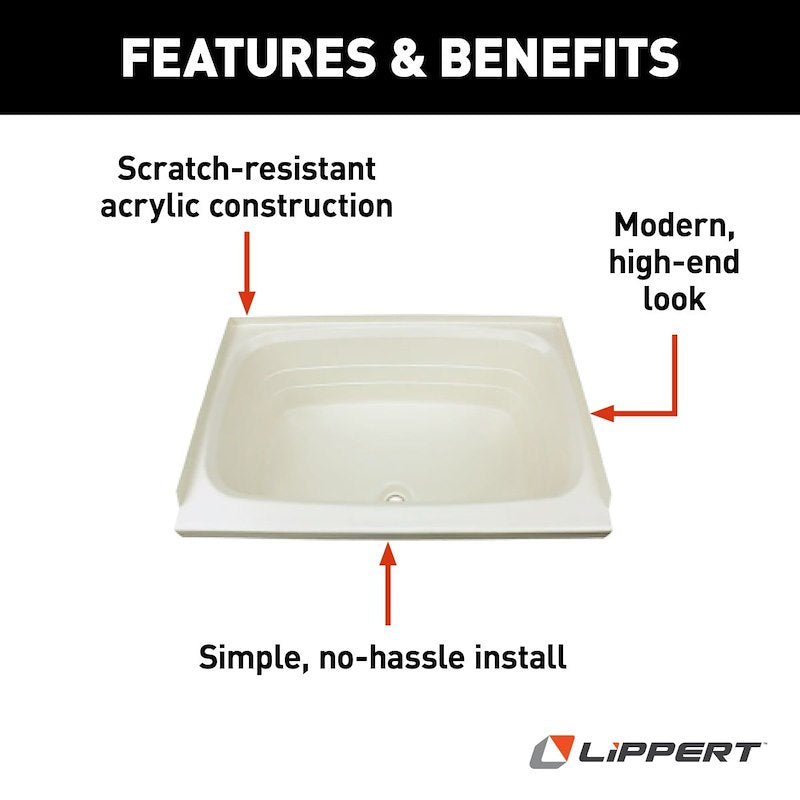 Baignoire pour VR 24x38 pouces Lippert Better Bath – Drain Central, ABS, Couleur Parchemin
