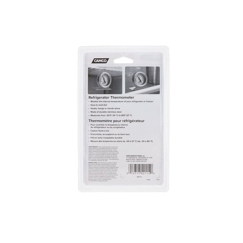 Thermomètre Réfrigérateur/ Congélateur Camco en Acier Inoxydable – Affichage Analogique, -29°C à +27°C