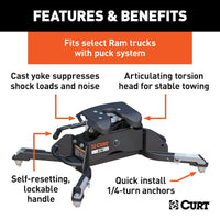 Attache Fifth Wheel CURT A16 16 000 lb pour Ram avec Système OEM – Tête Articulée et Poignée Autobloquante