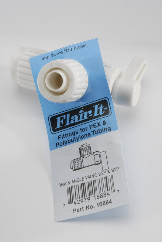 Valve d’arrêt Flair-It™ 1/2" PEX x 1/2" PEX en angle – Blanc, Plastique