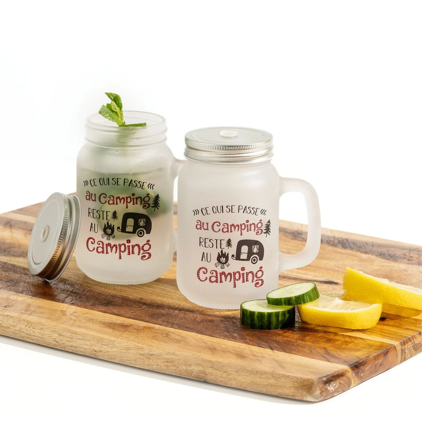 Ensemble de 2 Jarres Camping – "Ce qui se passe au camping reste au camping" | Pots Mason en Verre