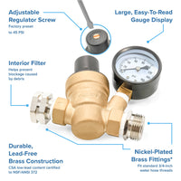 Camco Adjustable Brass Water Pressure Regulator - Protect Your RV and Boat from High Pressure