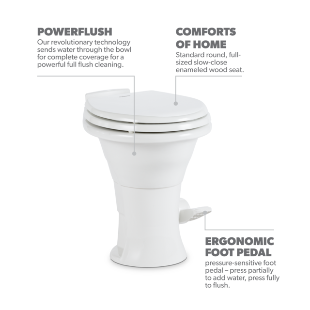 Toilette RV Dometic 310 à chasse gravitationnelle – Cuvette en céramique avec siège à fermeture douce